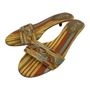 90s Marshall Fields Sz 8.5 Kitten Heels Leather Spain Raffia Tropical Ethnic Y2K